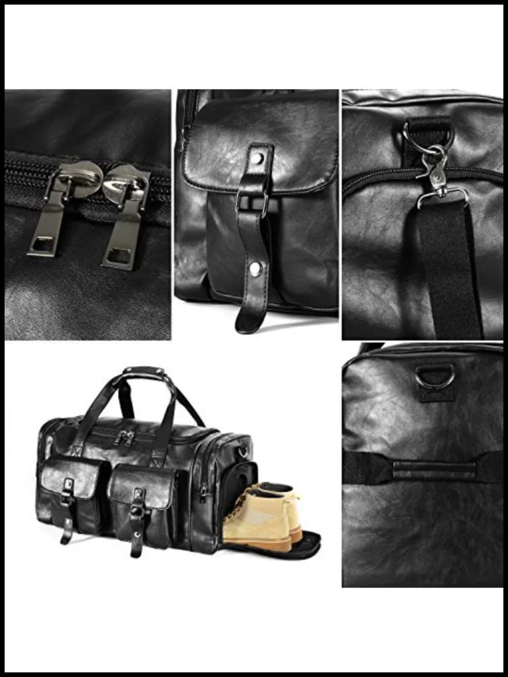 Travel Duffel Bag with Shoe Pouch, PU Leather Weekender Overnight Carry On Bag